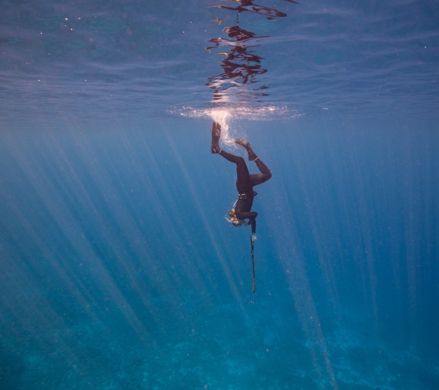 Nina diving to collect fishes in French Polynesia. Copyright: Jennifer Adler